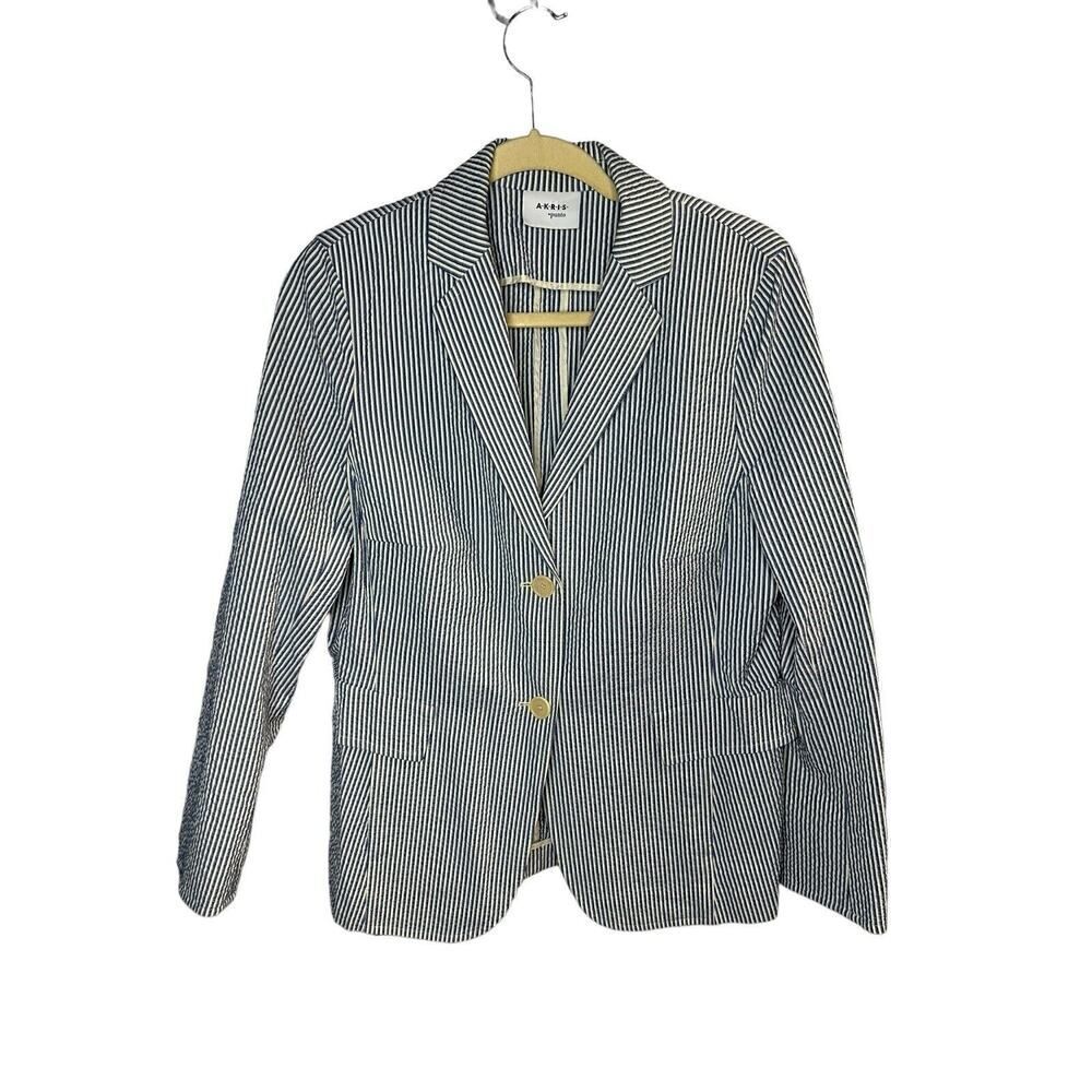 Akris Punto Blue White Seersucker Striped Blazer Medium Cotton Nautical Beachy